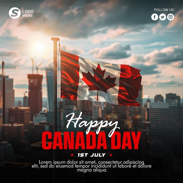 PSD um cartaz para o dia do canadá com uma bandeira canadense e uma cidade ao fundo