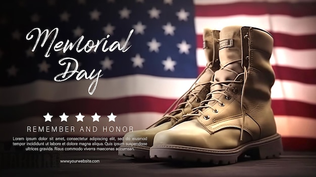 Um cartaz para o dia do memorial com as bandeiras americanas e a bota do soldado