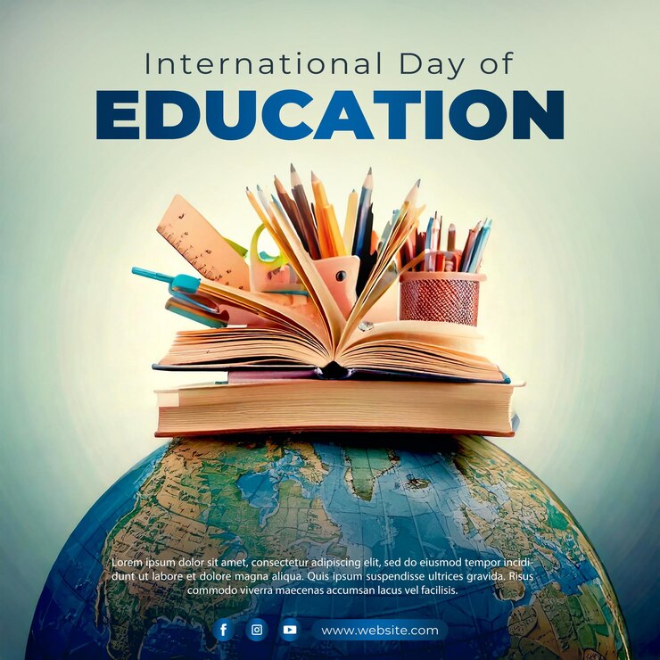 PSD um cartaz para o dia internacional da educação com um globo da educação ao fundo