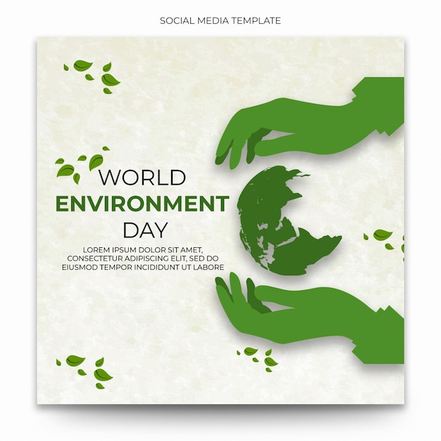 PSD um cartaz para o dia mundial do meio ambiente com mãos verdes segurando um globo.