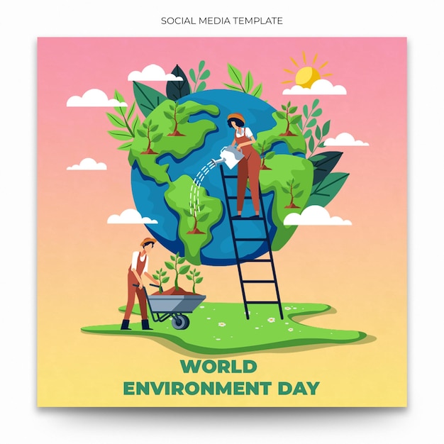 Um cartaz para o dia mundial do meio ambiente com um homem e uma mulher em uma escada.
