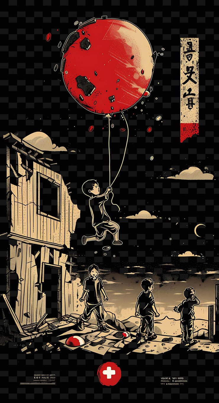 PSD um cartaz para o filme com um balão vermelho com uma menina nele