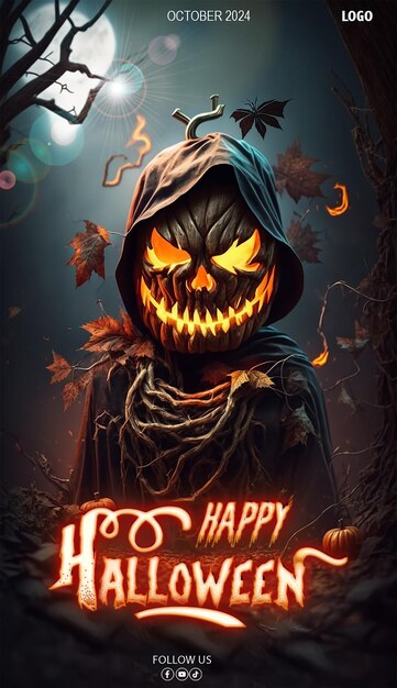 PSD um cartaz para o halloween com um homem de abóbora nele