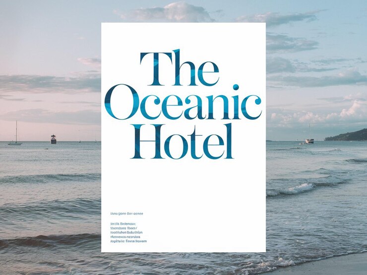 PSD um cartaz para o hotel do oceano com um fundo de céu