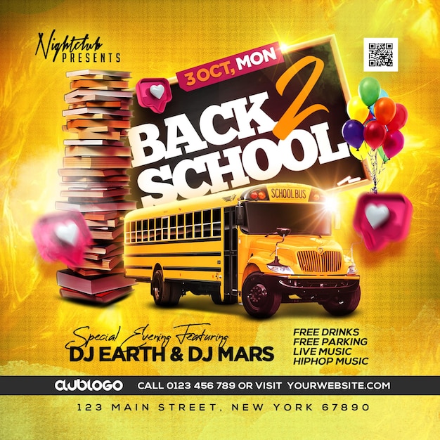 um cartaz para o ônibus da escola de trás com um ônibus escolar na parte superior