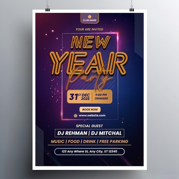 um cartaz para o projeto de modelo de folheto de convite para a festa de ano novo