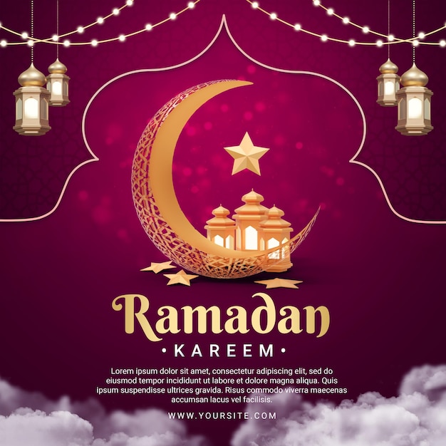 PSD um cartaz para ramadan kareem com uma lua crescente e estrelas.