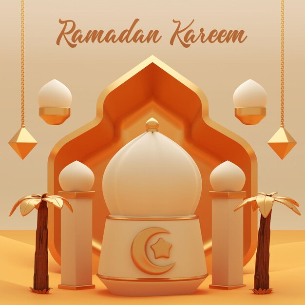 PSD um cartaz para ramadan kareem com uma mesquita e uma lua crescente.