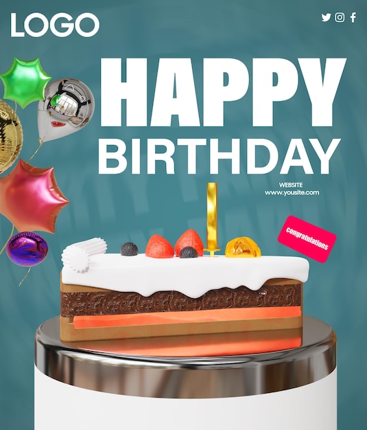 PSD um cartaz para um aniversário com um bolo que diz parabéns.