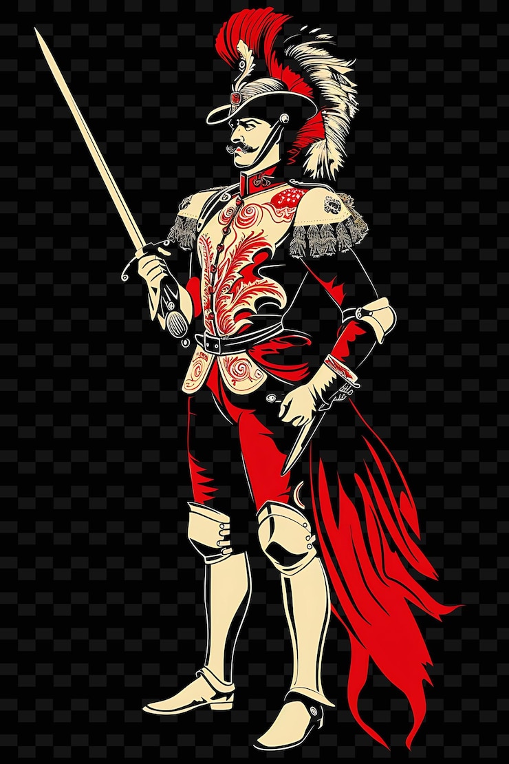 PSD um cartaz para um cavaleiro com uma espada e um fundo vermelho e branco