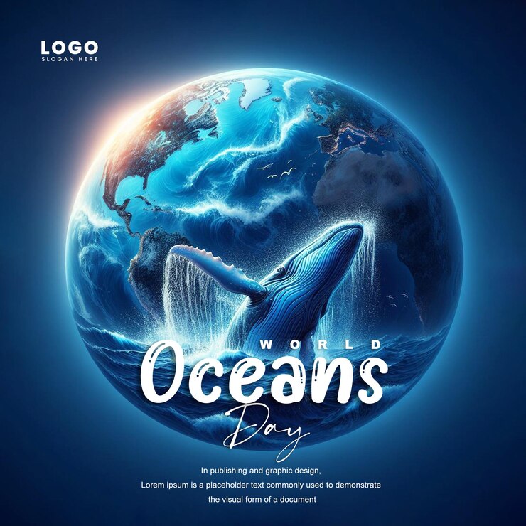 PSD um cartaz para um dia do oceano com um post do dia dos oceanos de baleia