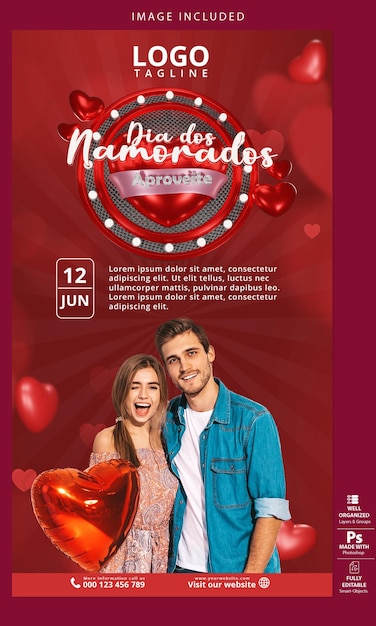 PSD um cartaz para um evento de dia dos namorados.