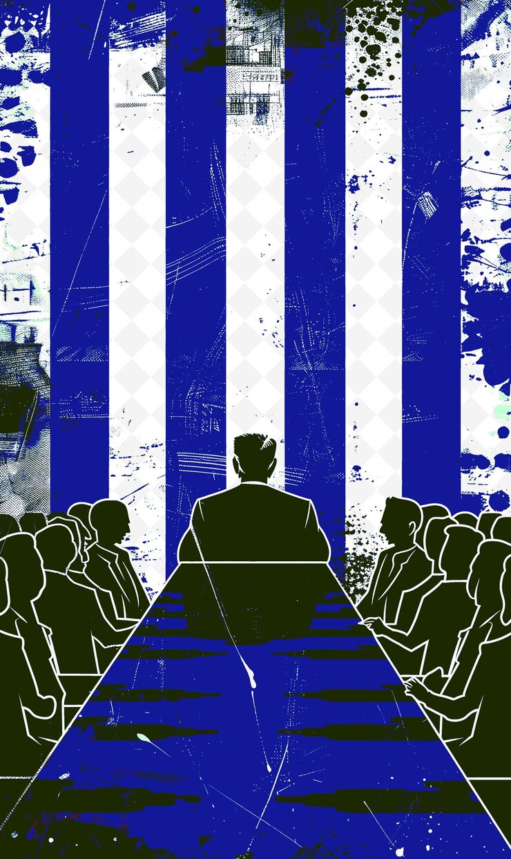 PSD um cartaz para um filme chamado um homem de fato sentado na frente de um fundo listrado azul e branco