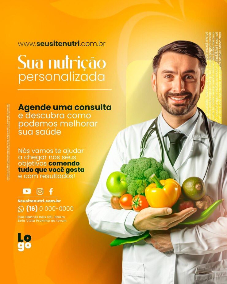 PSD um cartaz para um homem com um monte de vegetais e um sinal que diz comida fresca