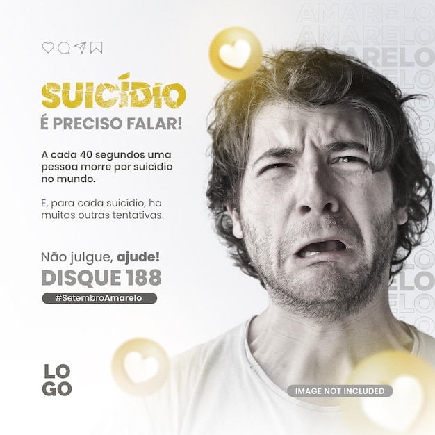 Um cartaz para Um homem com uma cara triste está olhando para a câmera Setembro Amarelo