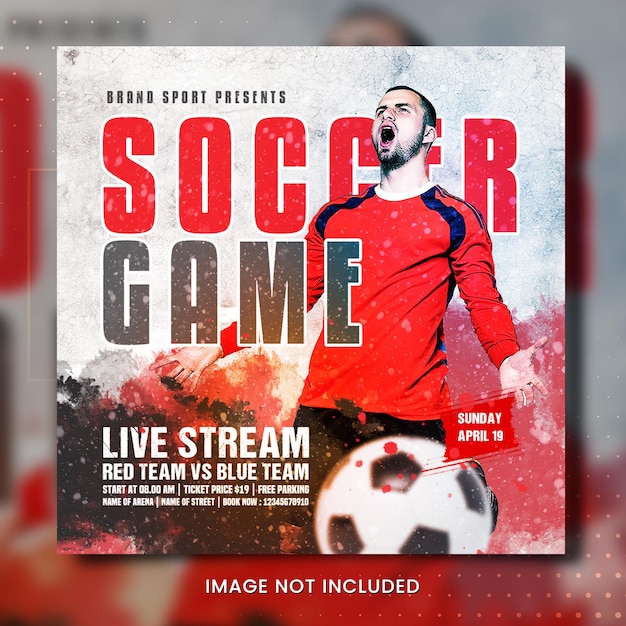 Um cartaz para um jogo de futebol que diz transmissão ao vivo nele