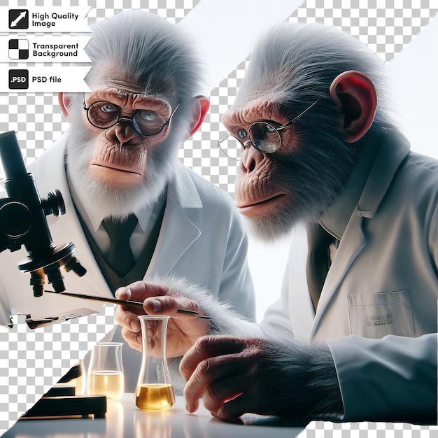 Um cartaz para um macaco com um casaco de laboratório nele