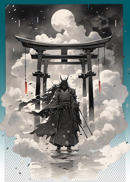 PSD um cartaz para um santuário japonês com um homem de roupa e um dragão no topo