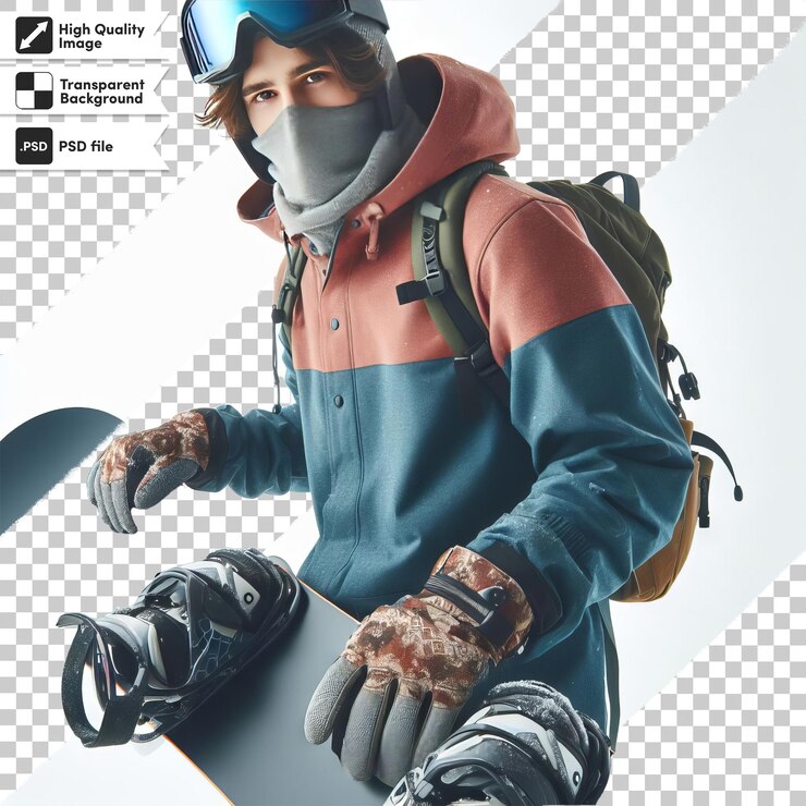 PSD um cartaz para um snowboarder com uma jaqueta que diz óculos de proteção