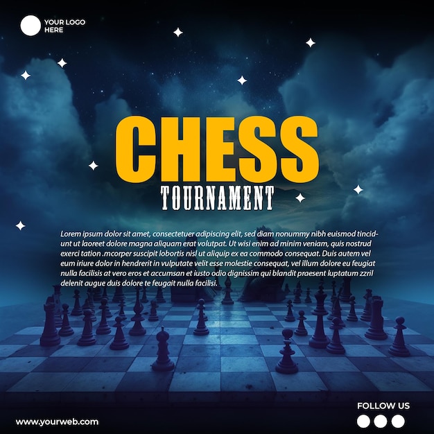 Um cartaz para um torneio de xadrez com a imagem de um tabuleiro de xadrez.