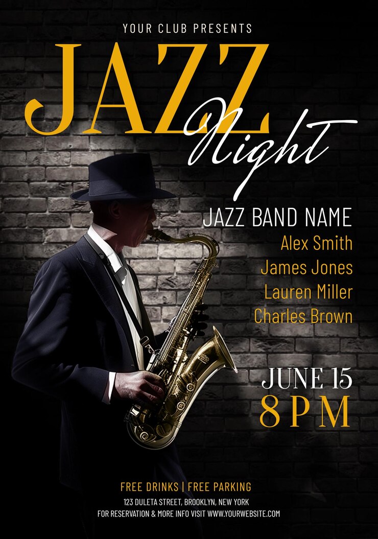 PSD um cartaz para uma banda de jazz com um homem tocando saxofone
