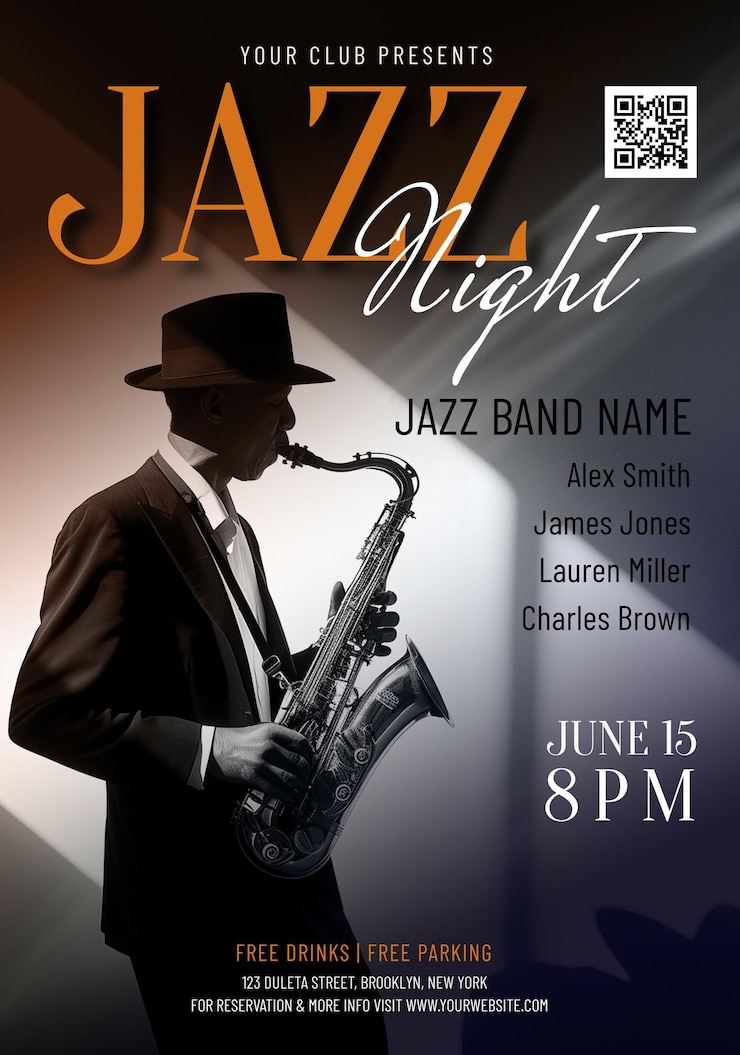 PSD um cartaz para uma banda de jazz com um homem tocando saxofone