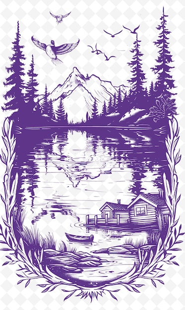 PSD um cartaz para uma cabana ao lado do lago com uma cabana e uma canoa na água