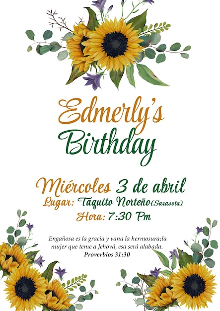 PSD um cartaz para uma festa de aniversário com um girassol