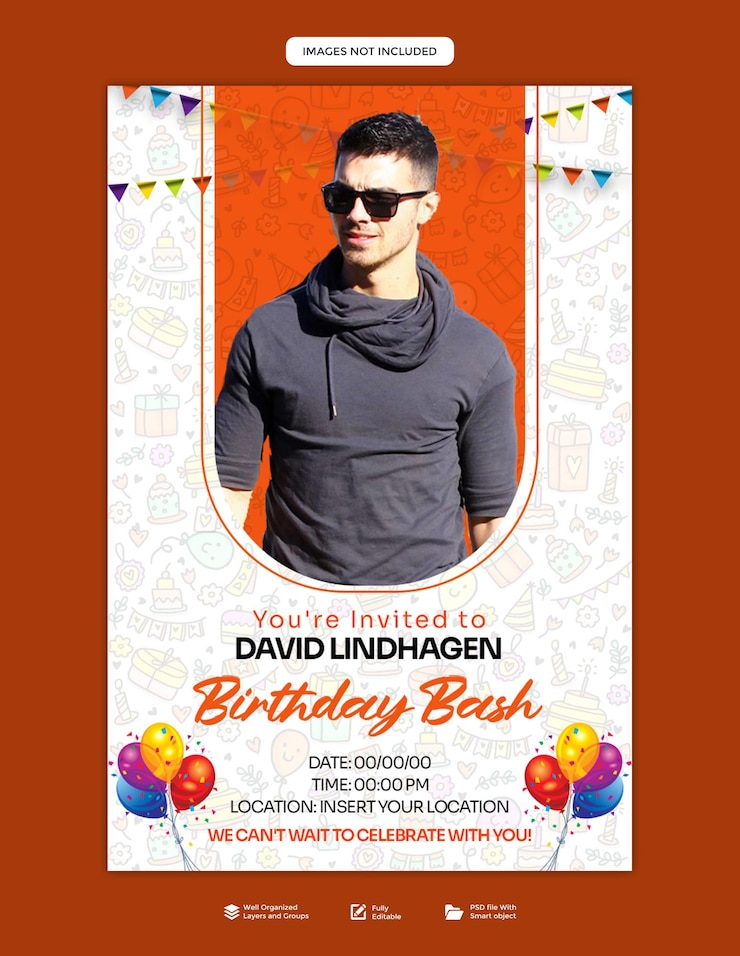 PSD um cartaz para uma festa de aniversário com um homem usando óculos de sol