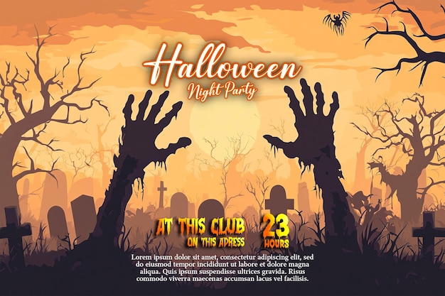 um cartaz para uma festa de Halloween com uma lua cheia ao fundo