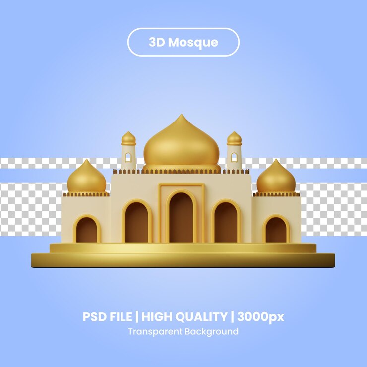 PSD um cartaz para uma mesquita com uma cúpula dourada e um fundo azul.