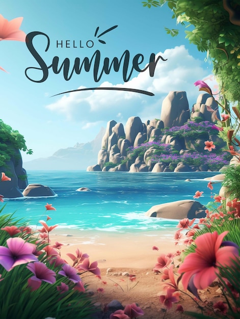 Um cartaz para umas férias de verão com uma praia e uma paisagem tropical