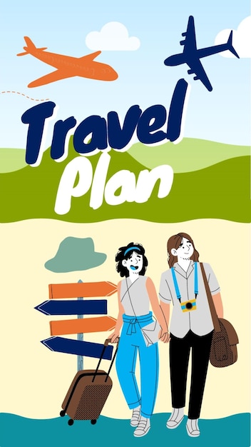 Um cartaz para viajar com um homem e uma mulher segurando uma mochila