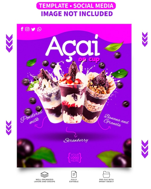 PSD um cartaz roxo que diz açaí no topo.