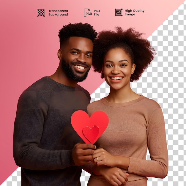 PSD um casal afro feliz e sorridente segurando coracao vermelho de papel