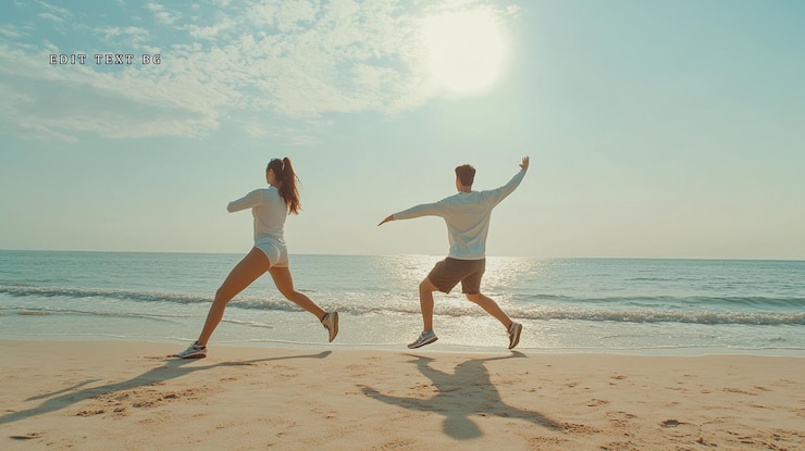PSD um casal corre e salta alegremente numa praia ensolarada.