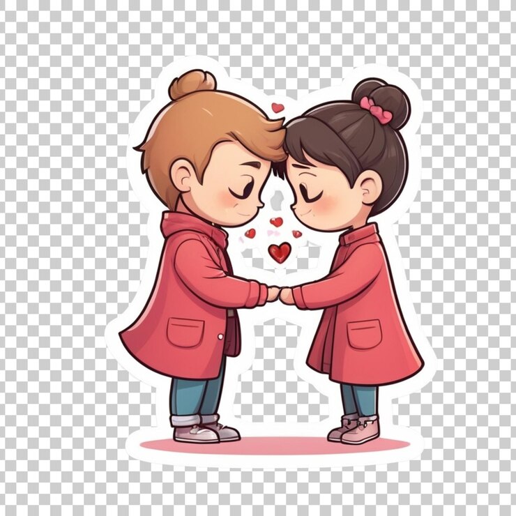 PSD um casal de crianças a beijar-se com corações nas cabeças.