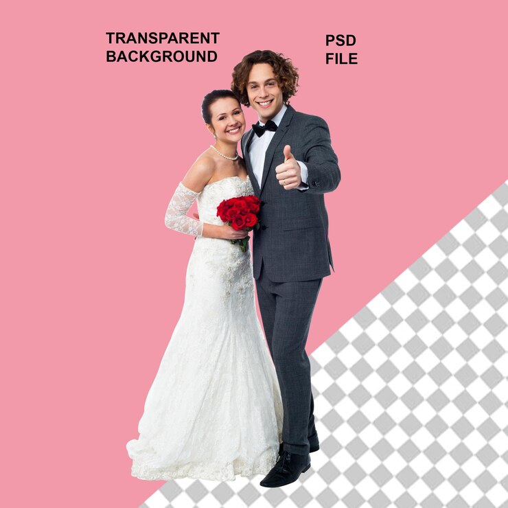 PSD um casal de noivas a desfrutar do seu casamento segurando uma flor em um marrerid com fundo transparente