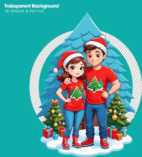 PSD um casal de roupas de natal de pé ao lado de uma árvore de natal