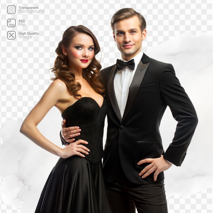 PSD um casal de roupas formais pretas está de pé juntos sorrindo com confiança em uma gala noturna