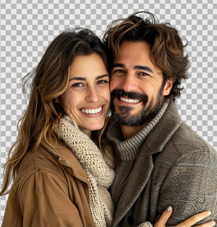 Um casal elegante a rir de um fundo transparente.