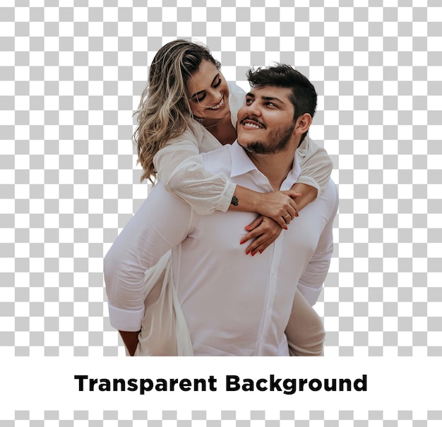 Um casal feliz a partilhar um divertido passeio de costas sorridente e cheio de amor com um fundo transparente