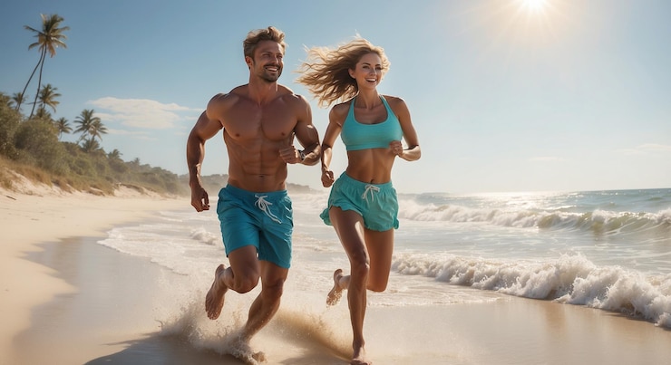 PSD um casal feliz correndo em uma praia ensolarada papel de parede de fitness cartaz de dia de saúde