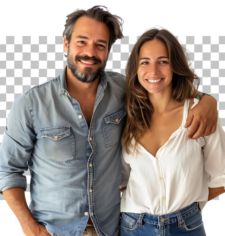 PSD um casal feliz e sorridente de pé com as mãos nos bolsos em um fundo transparente isolado