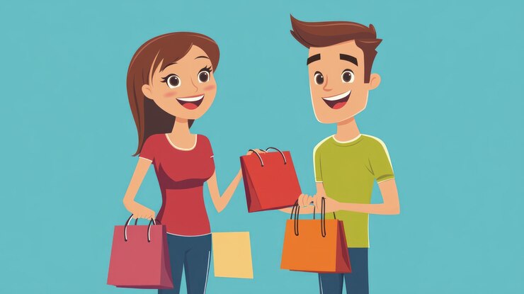 PSD um casal feliz mostrando sacos de compras depois de uma corrida de compras bem sucedida