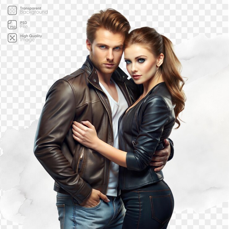 PSD um casal jovem e elegante com jaquetas de couro posando com confiança