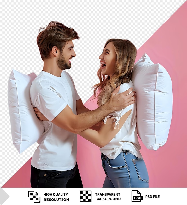 PSD um casal jovem se divertindo e lutando com travesseiros na frente de uma parede rosa com o homem vestindo uma camisa branca e calças jeans azuis e a mulher com cabelos castanhos longos e um png