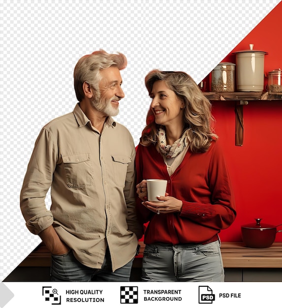 Um casal maduro a tomar café da manhã e a falar na cozinha.