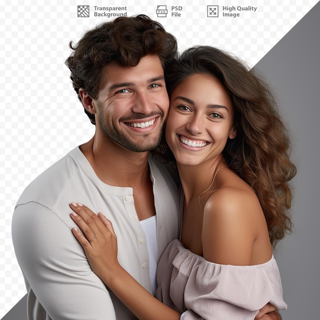 Um casal posando para uma foto com as palavras 