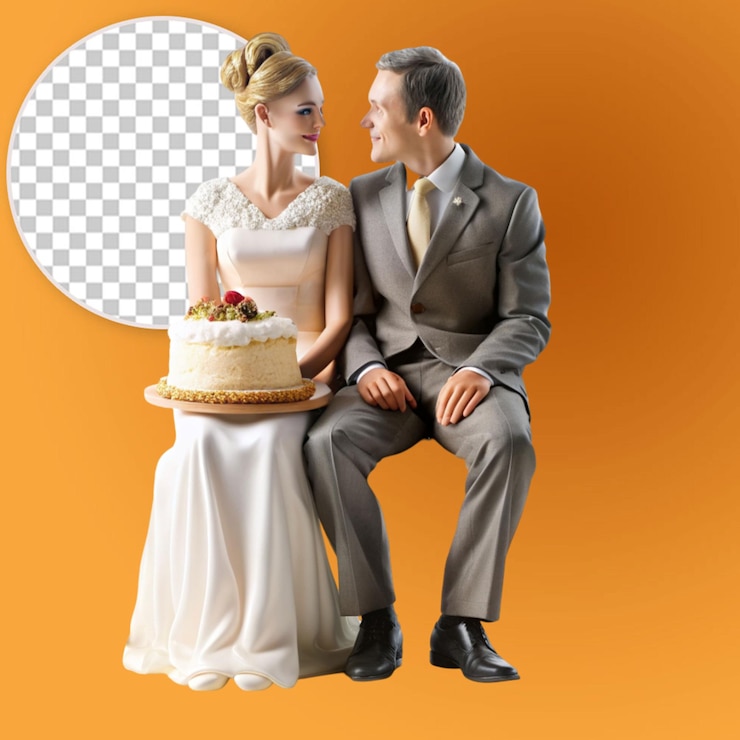 PSD um casal sentado num banco a fazer o topo de um bolo de amor.